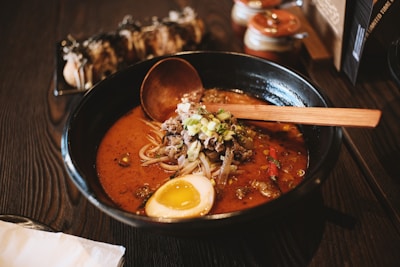Delicious ramen with egg and vegetables looks amazing.