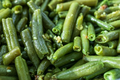 Cooked green beans displayed closeup.