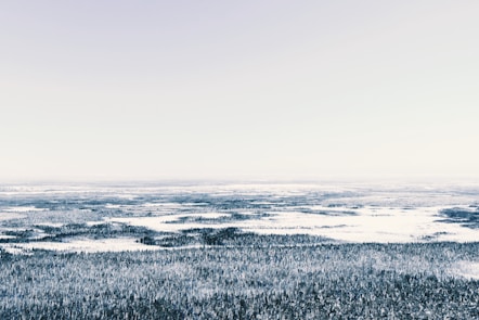 Snowy landscape stretches toward a hazy, bright horizon.