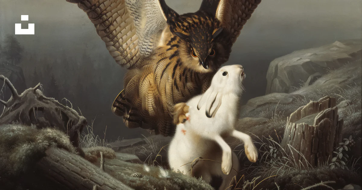 An owl attacks a rabbit in a forest setting. photo – Free Art Image on ...