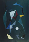 Abstract shapes and a white circle on dark background