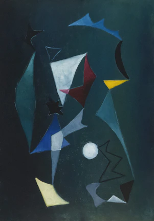 Abstract shapes and a white circle on dark background
