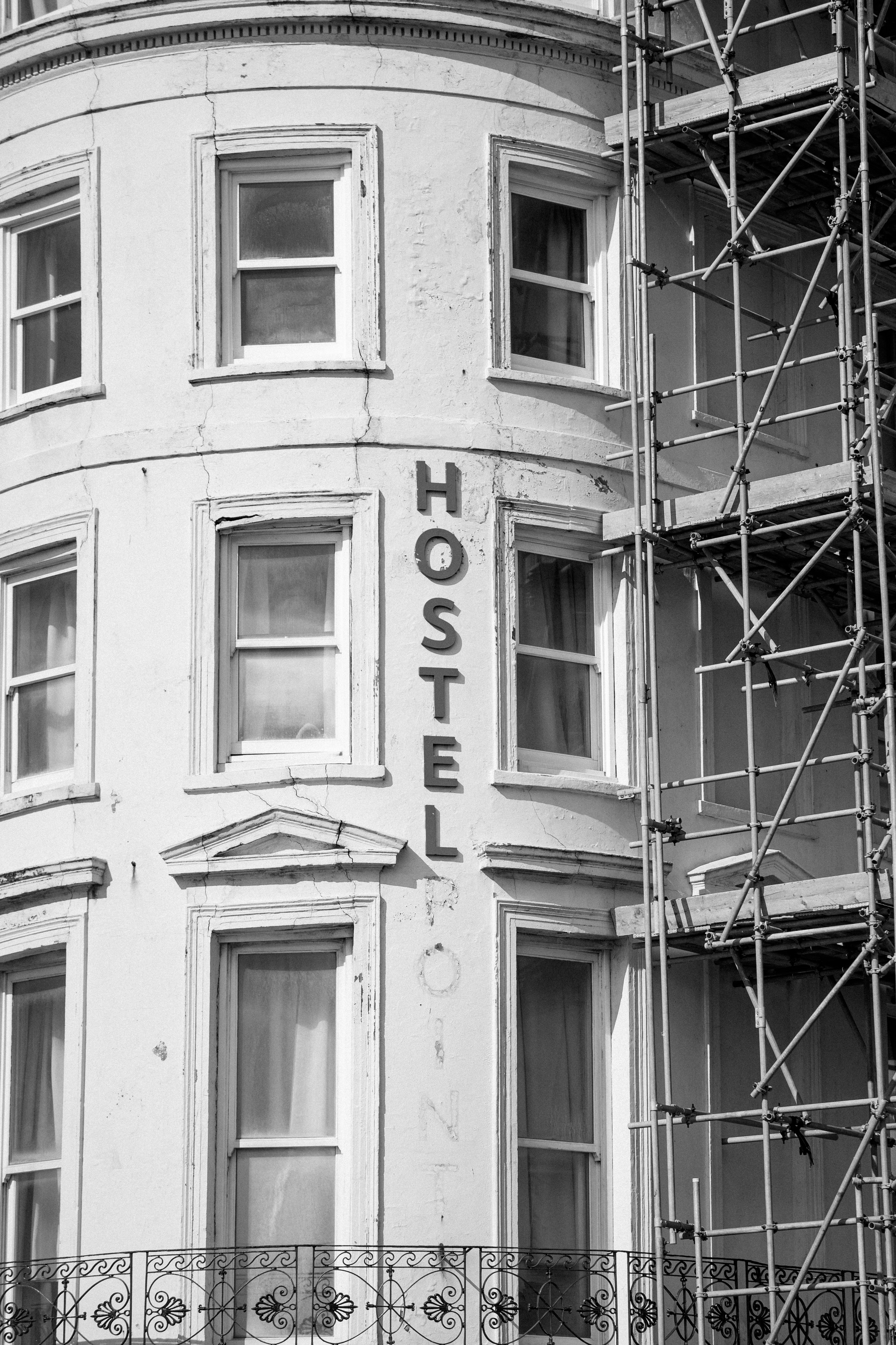 Hostel building with scaffolding for repairs
