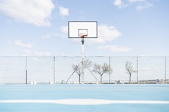 Basketball hoop stands on blue court.