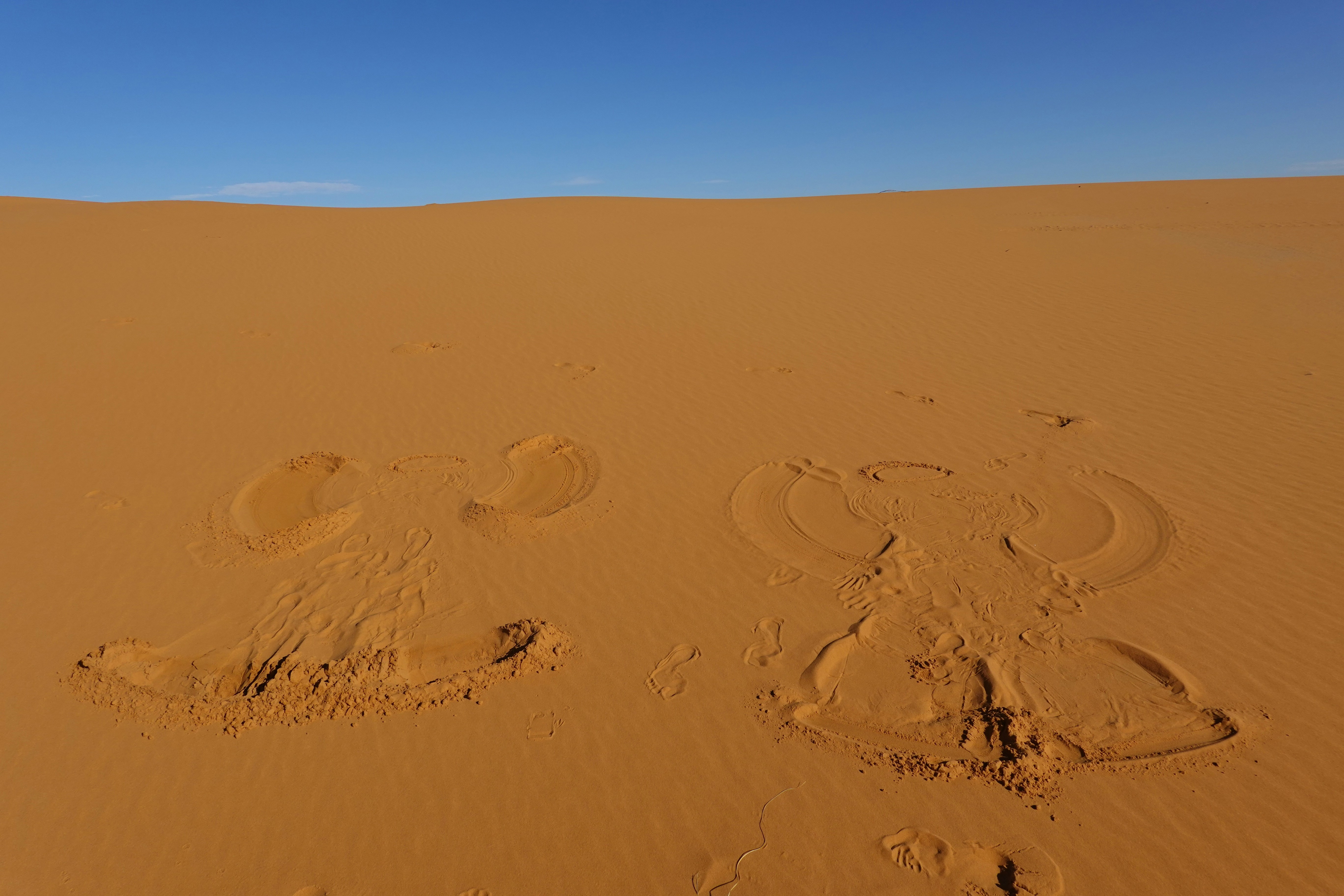 Sand angels in the desert, under a blue sky.