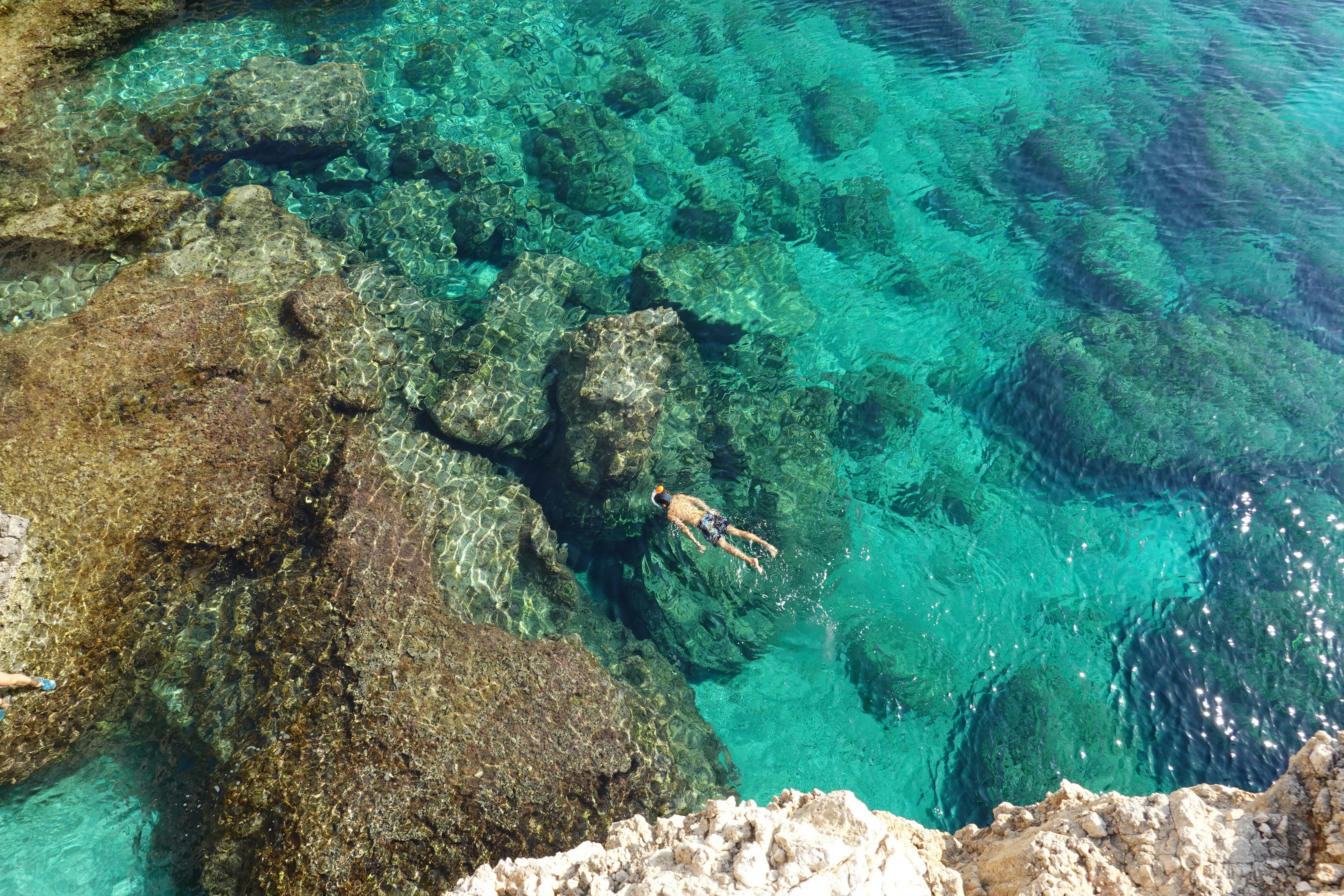 A person swims in crystal clear turquoise waters.
