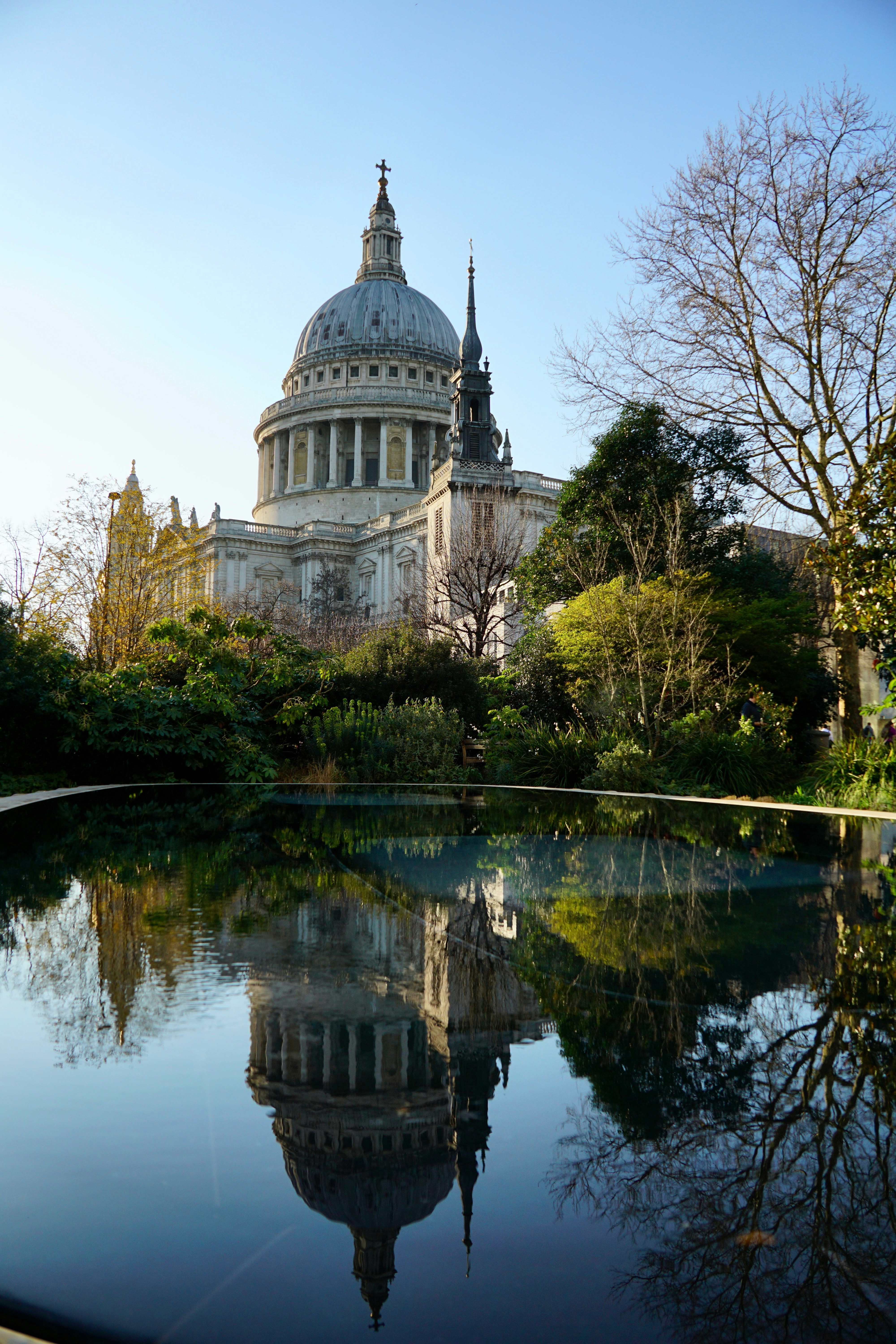 Saint paul's cathedral is reflected in a pond
