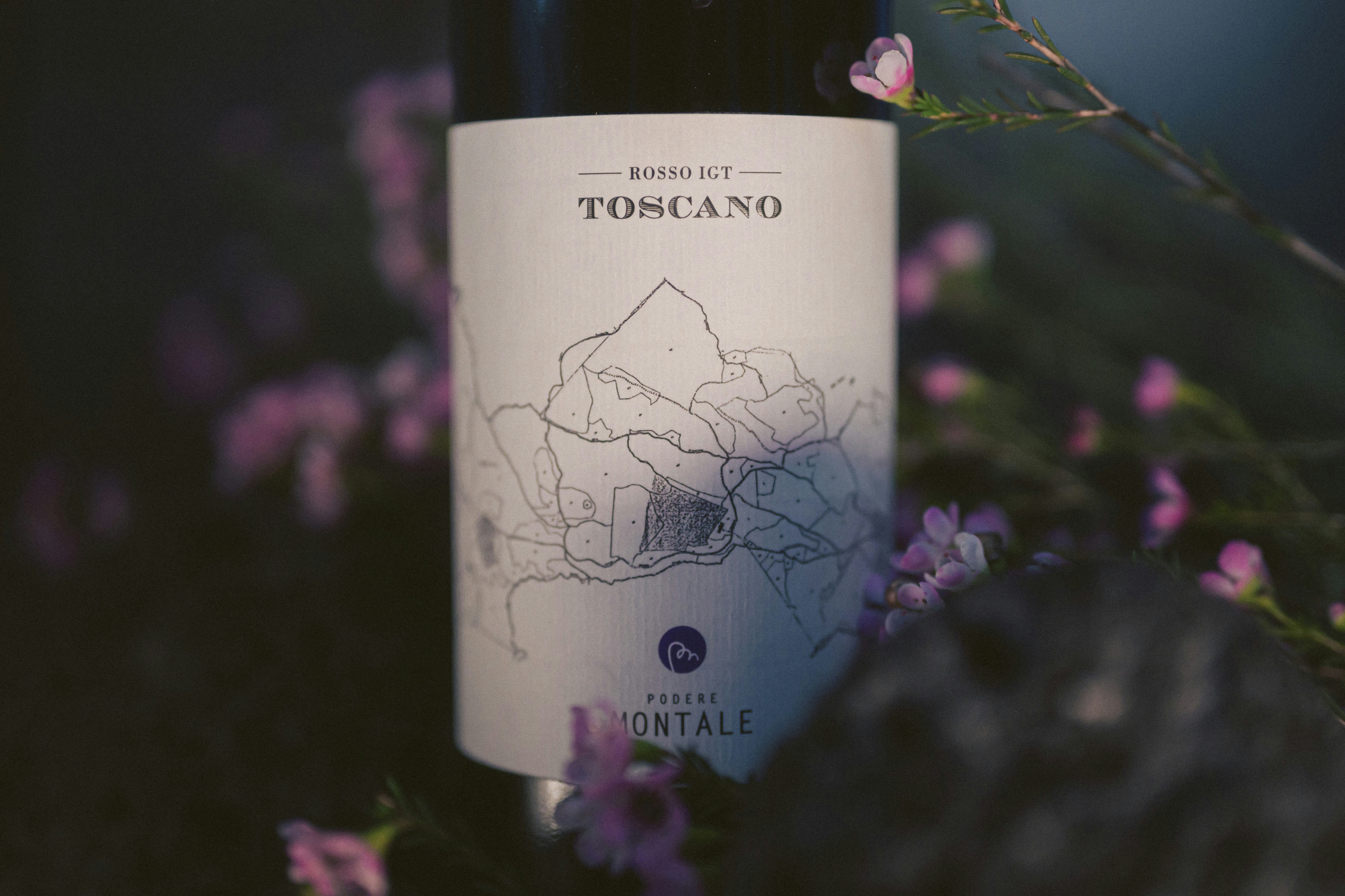 A bottle of toscano wine is beautifully displayed.