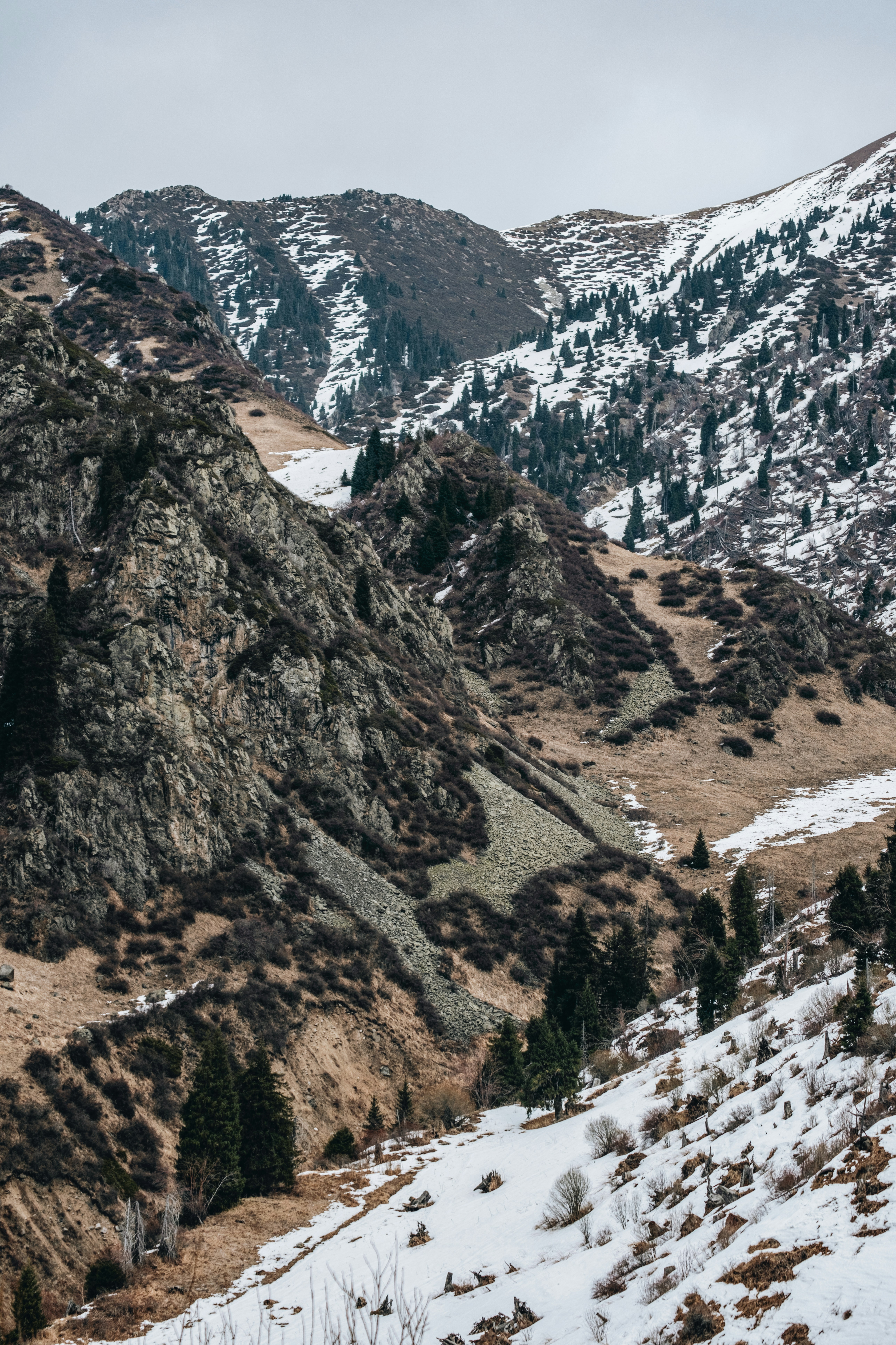 Snowy mountain slopes and craggy rock faces.