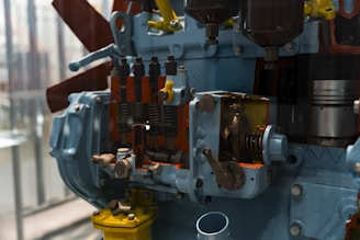 A cutaway view of a large engine.