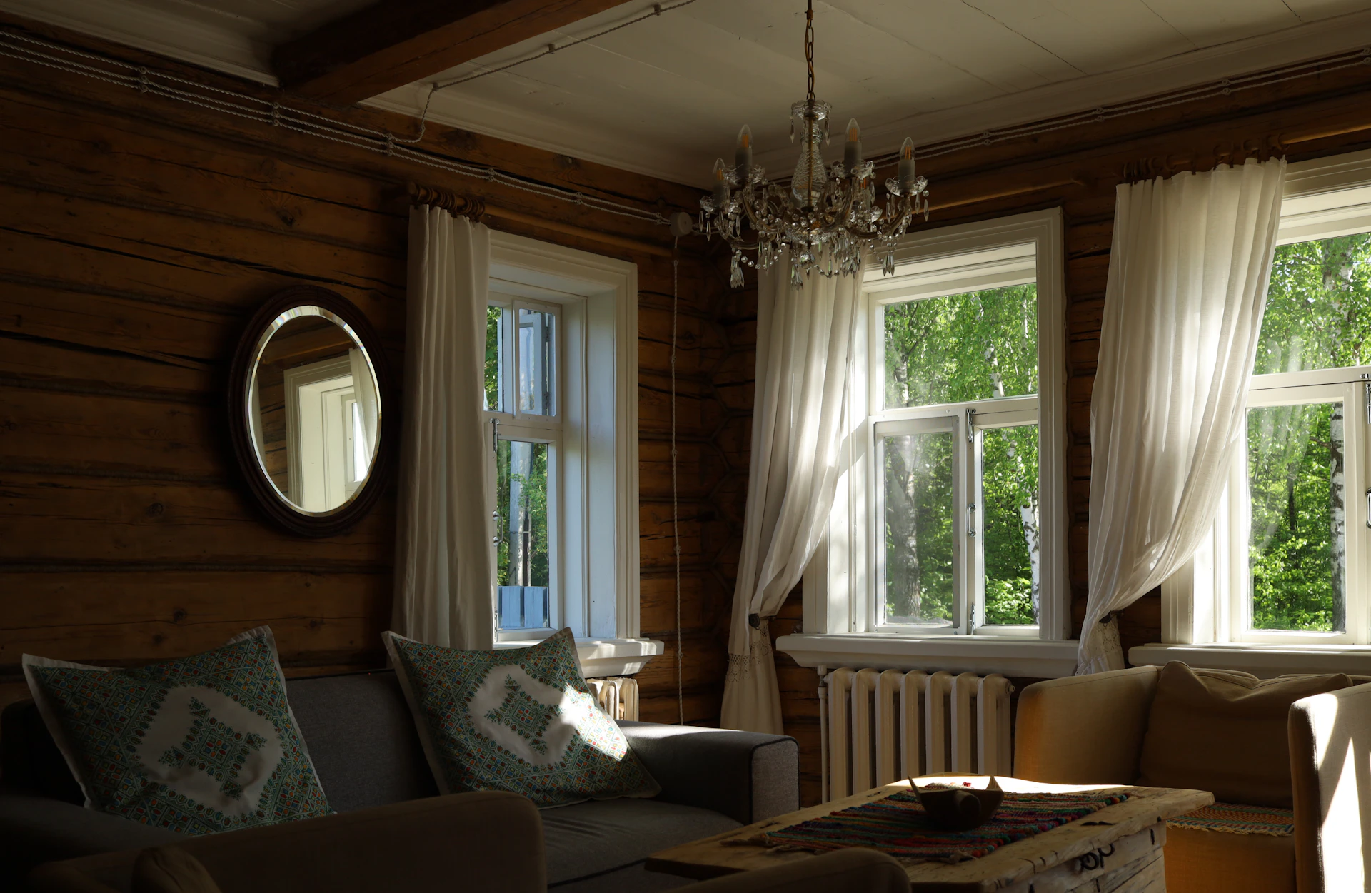 Cozy living room with rustic wooden walls and bright windows.
