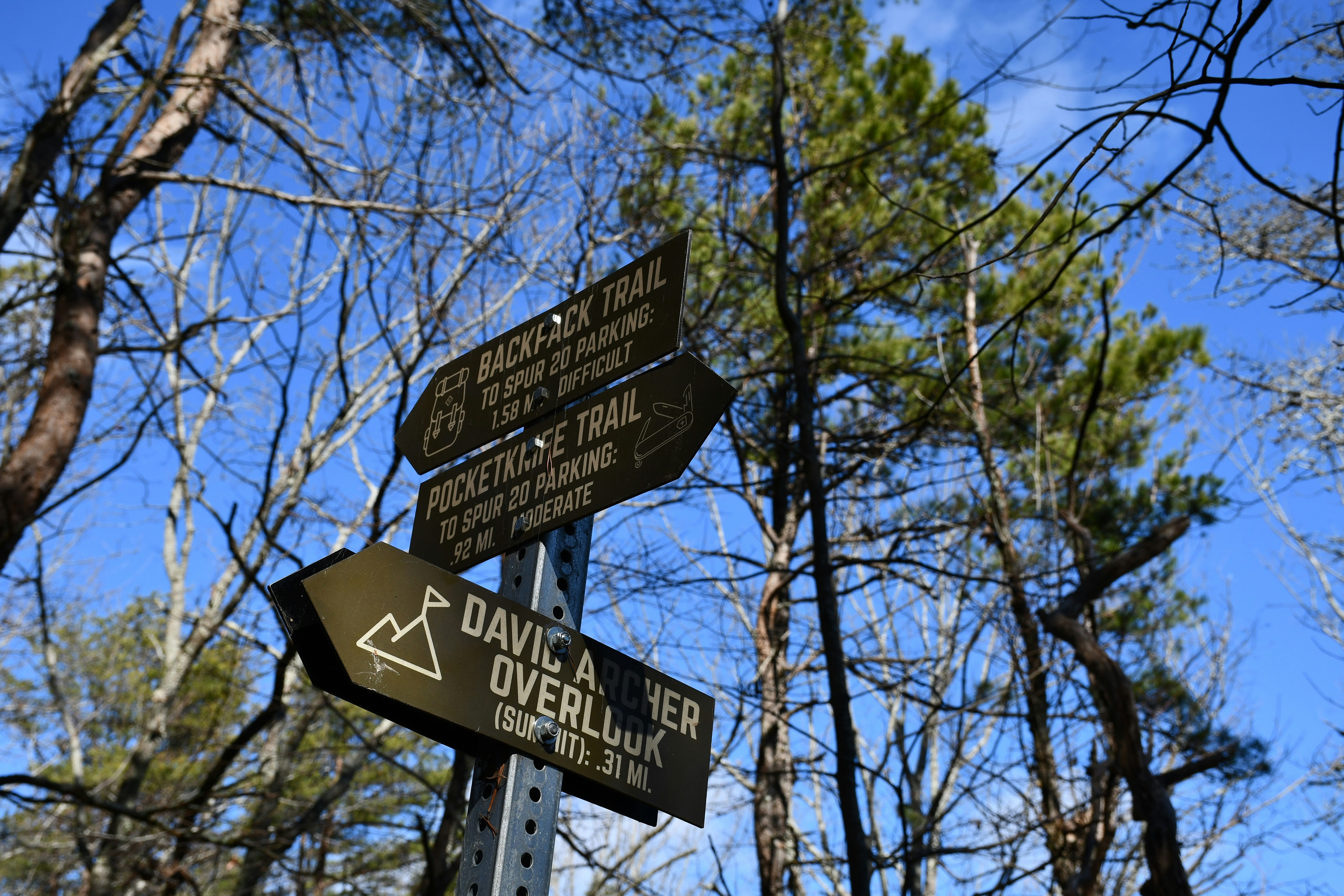 Signpost indicates hiking trails at a scenic overlook.