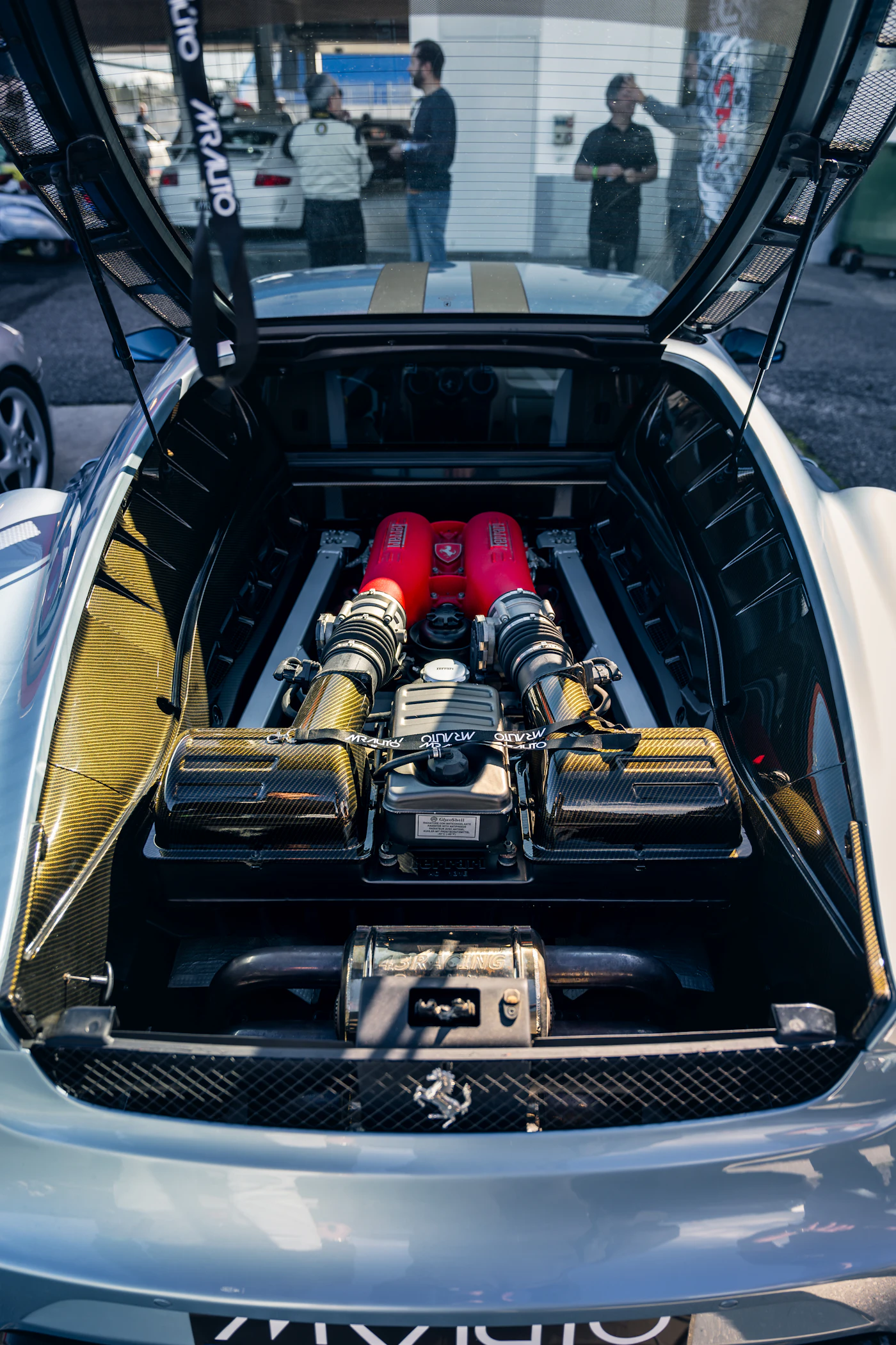 Naturally aspirated Ferrari engine bay, an example of the short-stroke, high-revving design philosophy behind rev-happy engines