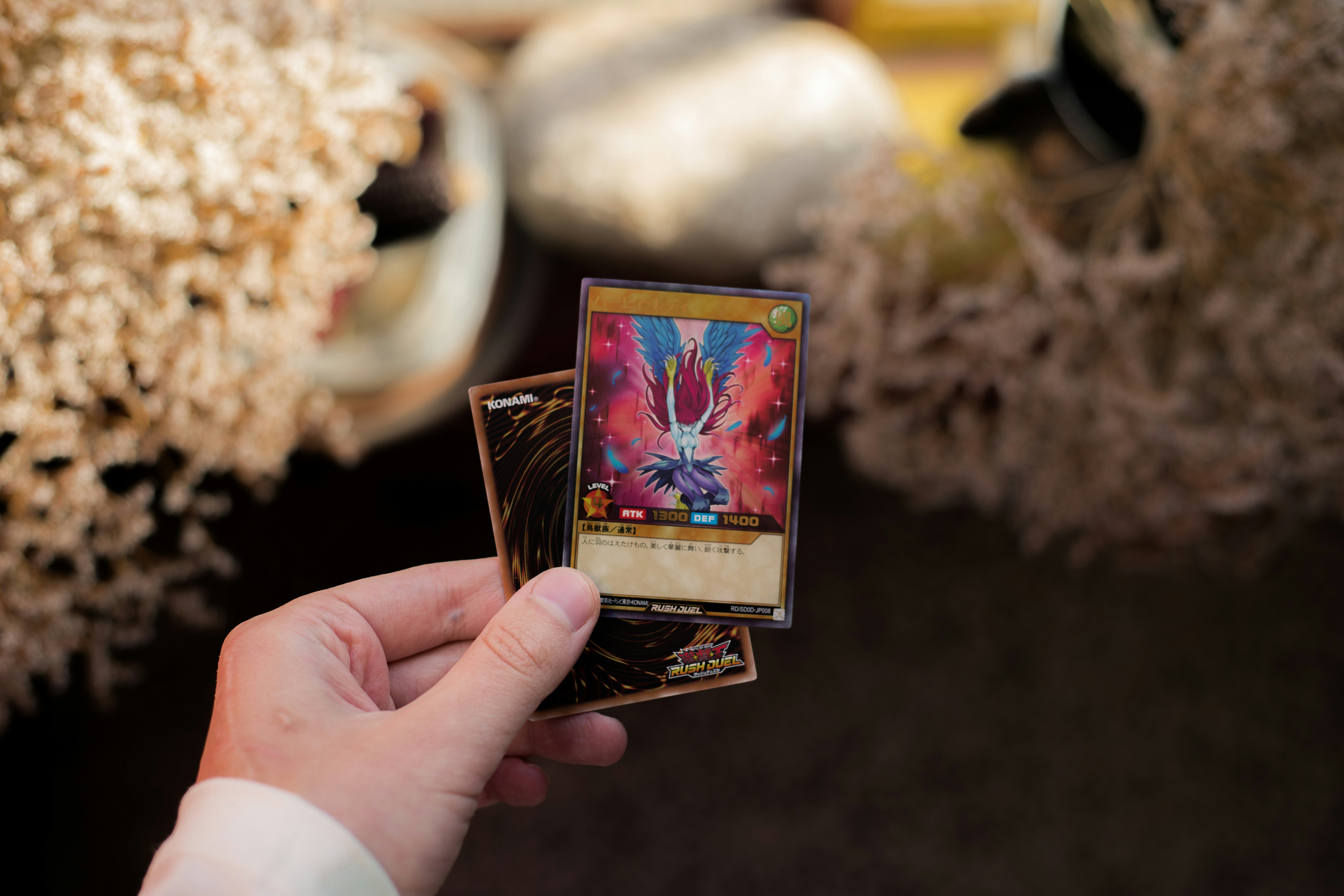 A person holds up some yu-gi-oh! cards.