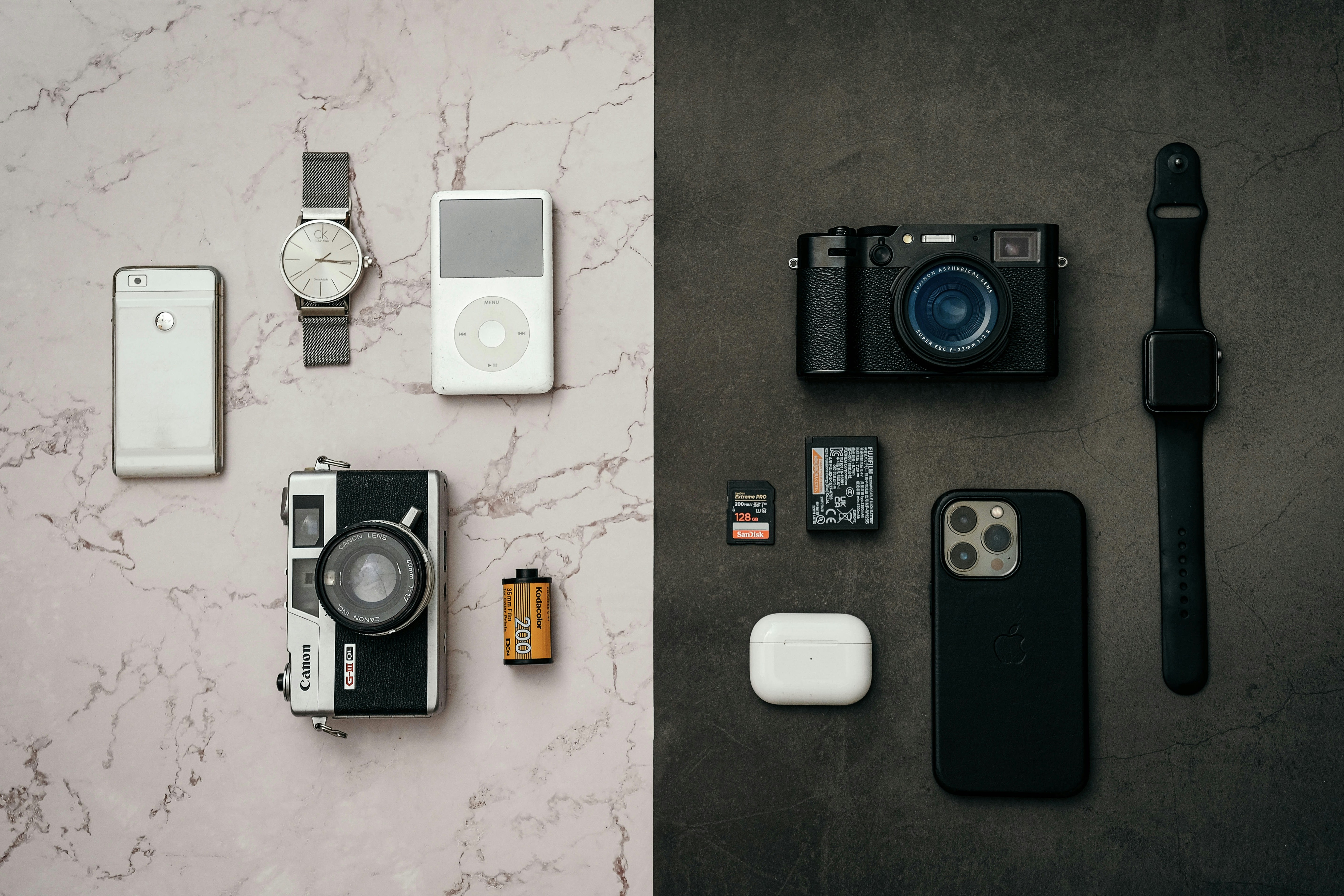 Classic and modern tech gadgets displayed side-by-side.