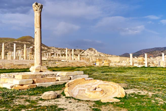 Ancient roman ruins with a tall pillar.
