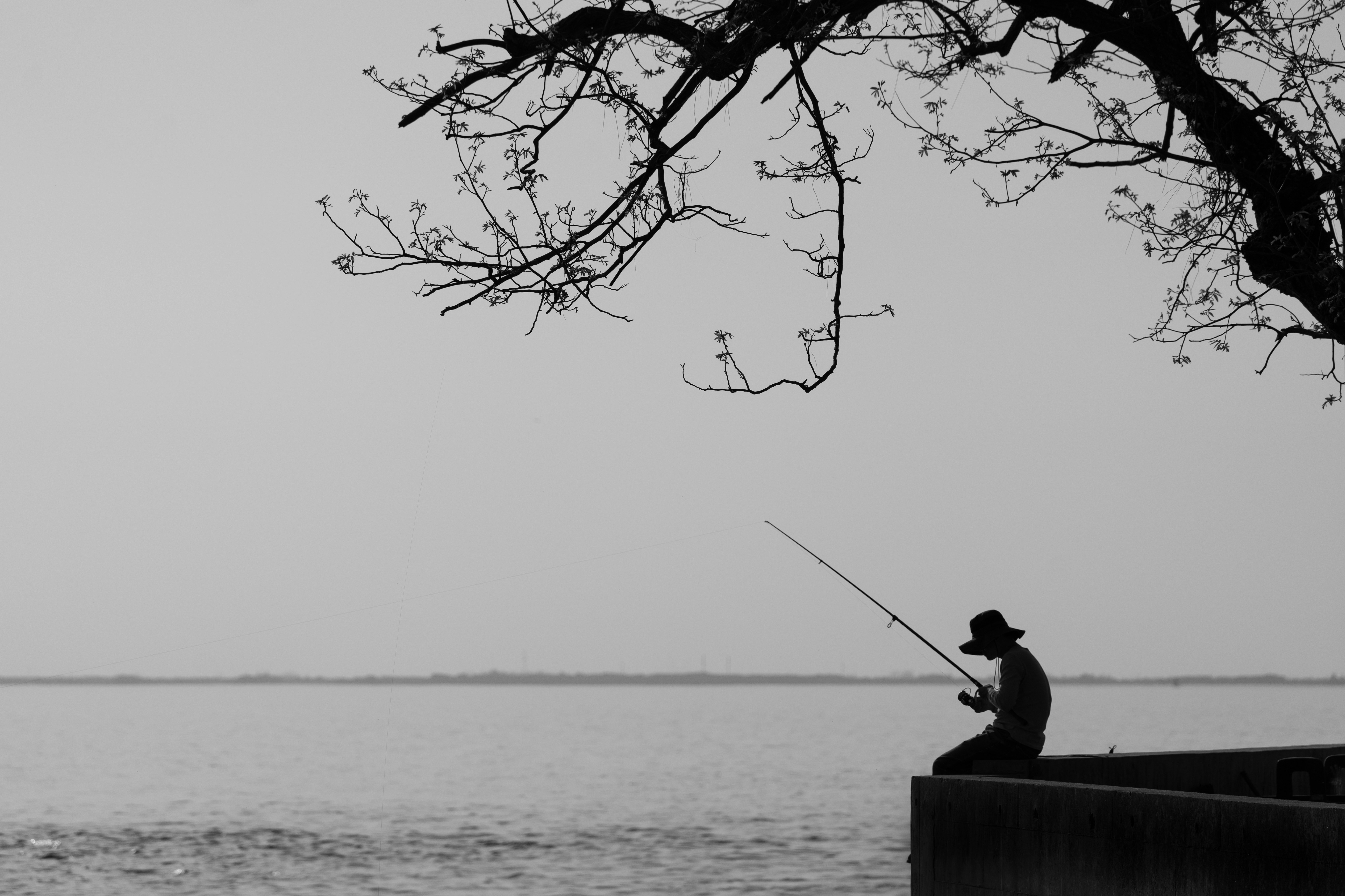 Eine Person fischt am ruhigen Wasser.