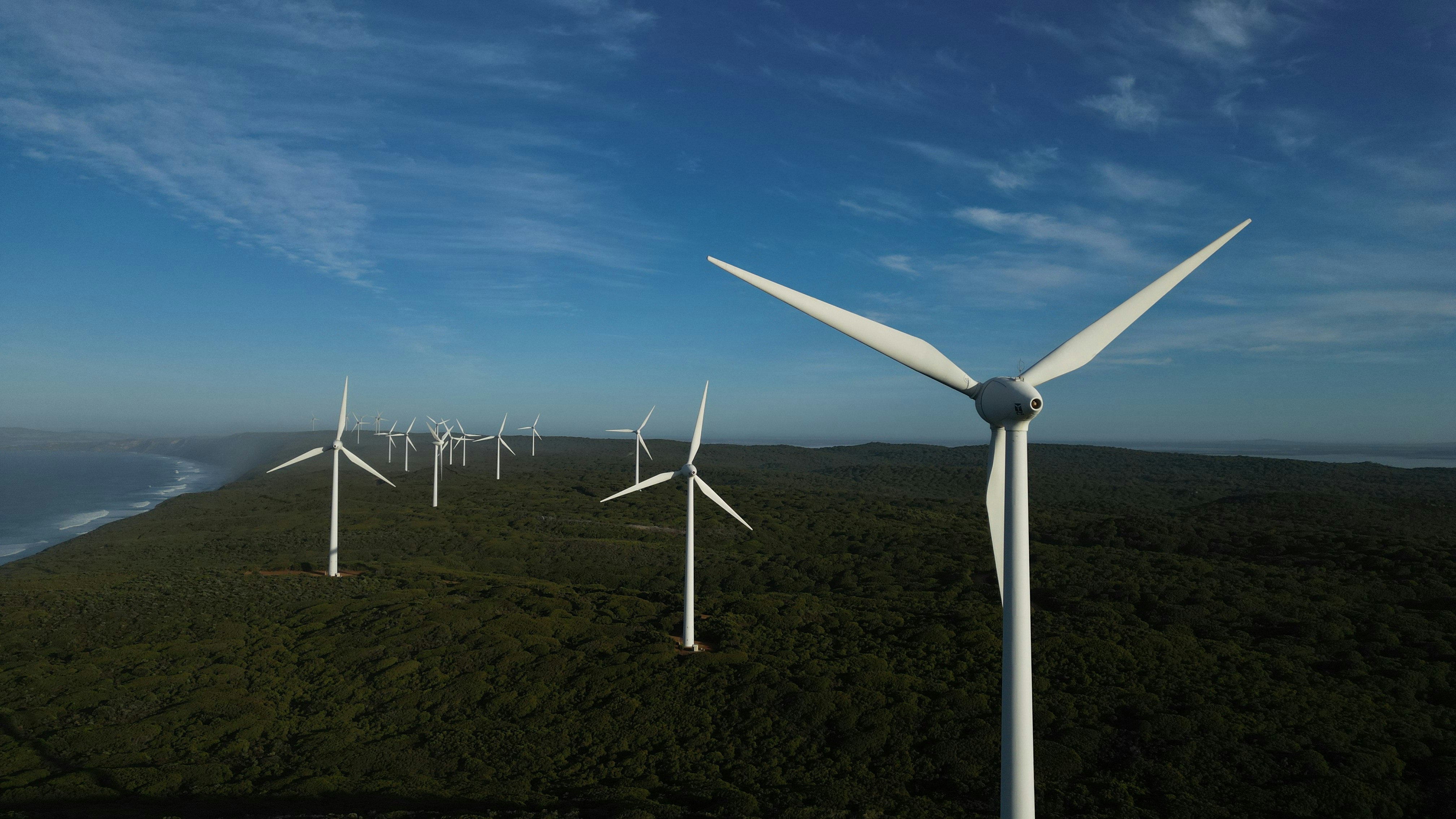 Wind turbines generate clean energy along the coastline., The windfarm at Albany western Australia