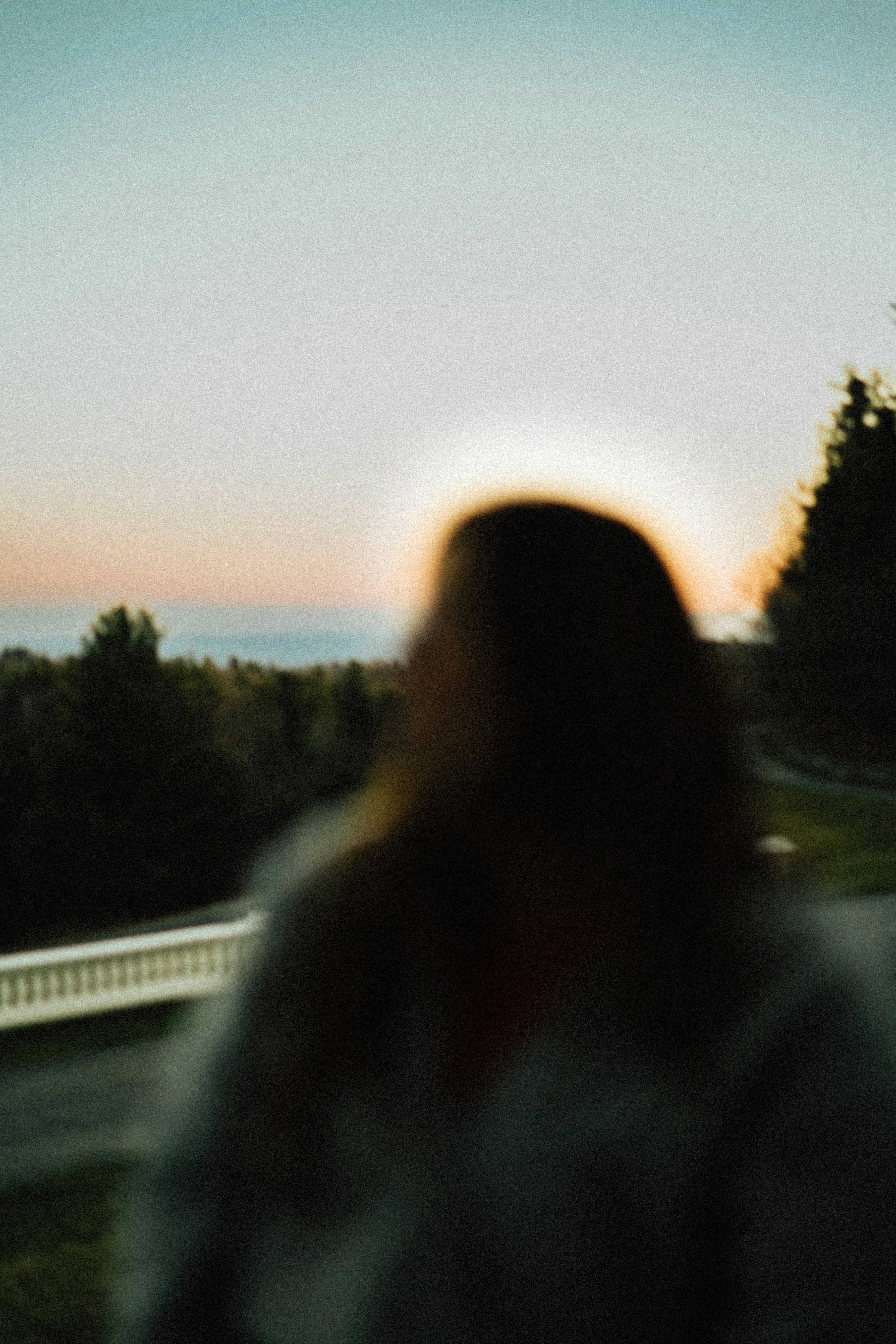 A blurry person watches the sunset.