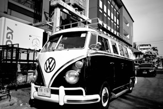 A classic volkswagen van stands out.