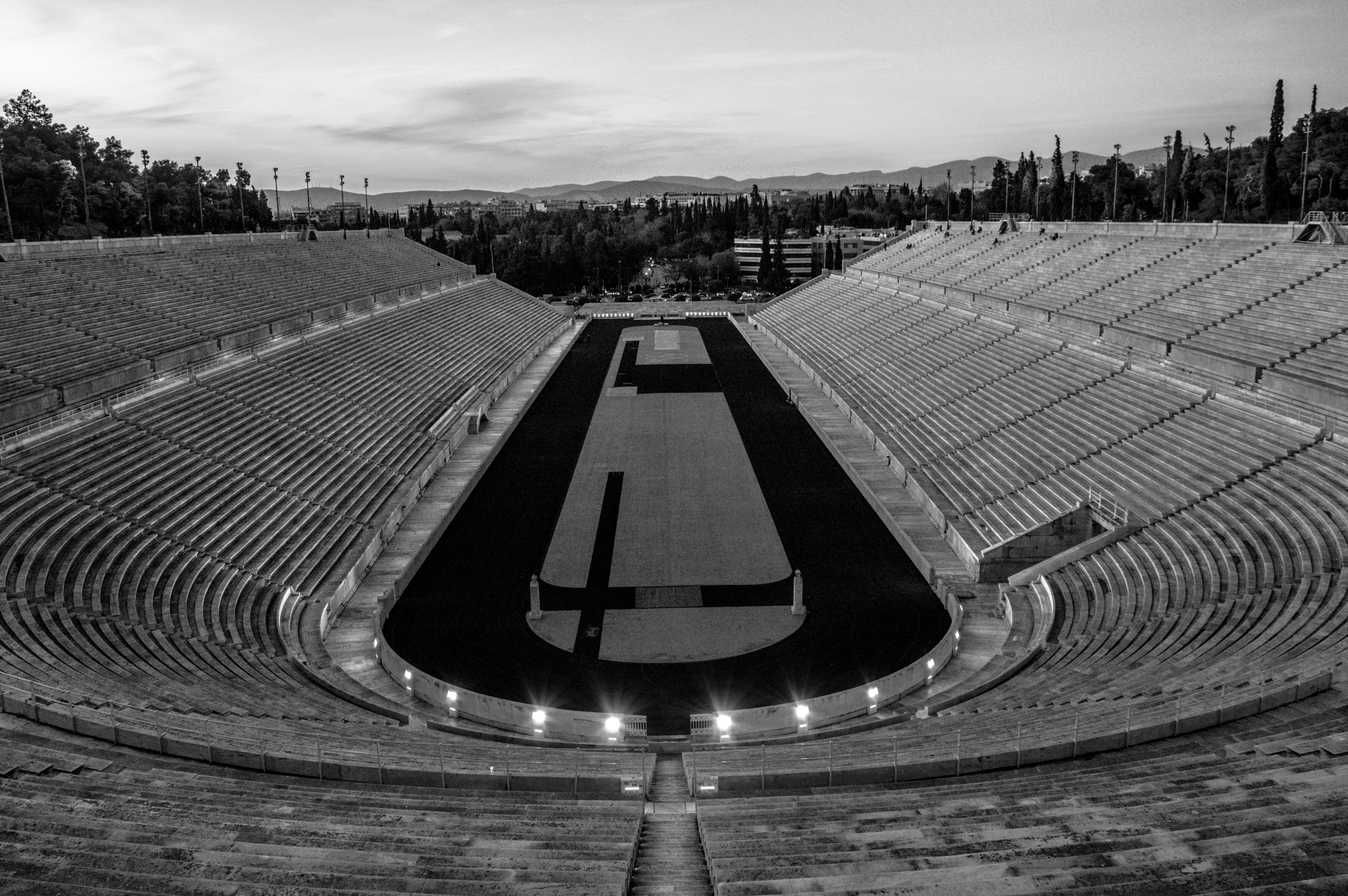 An empty stadium is seen from above.