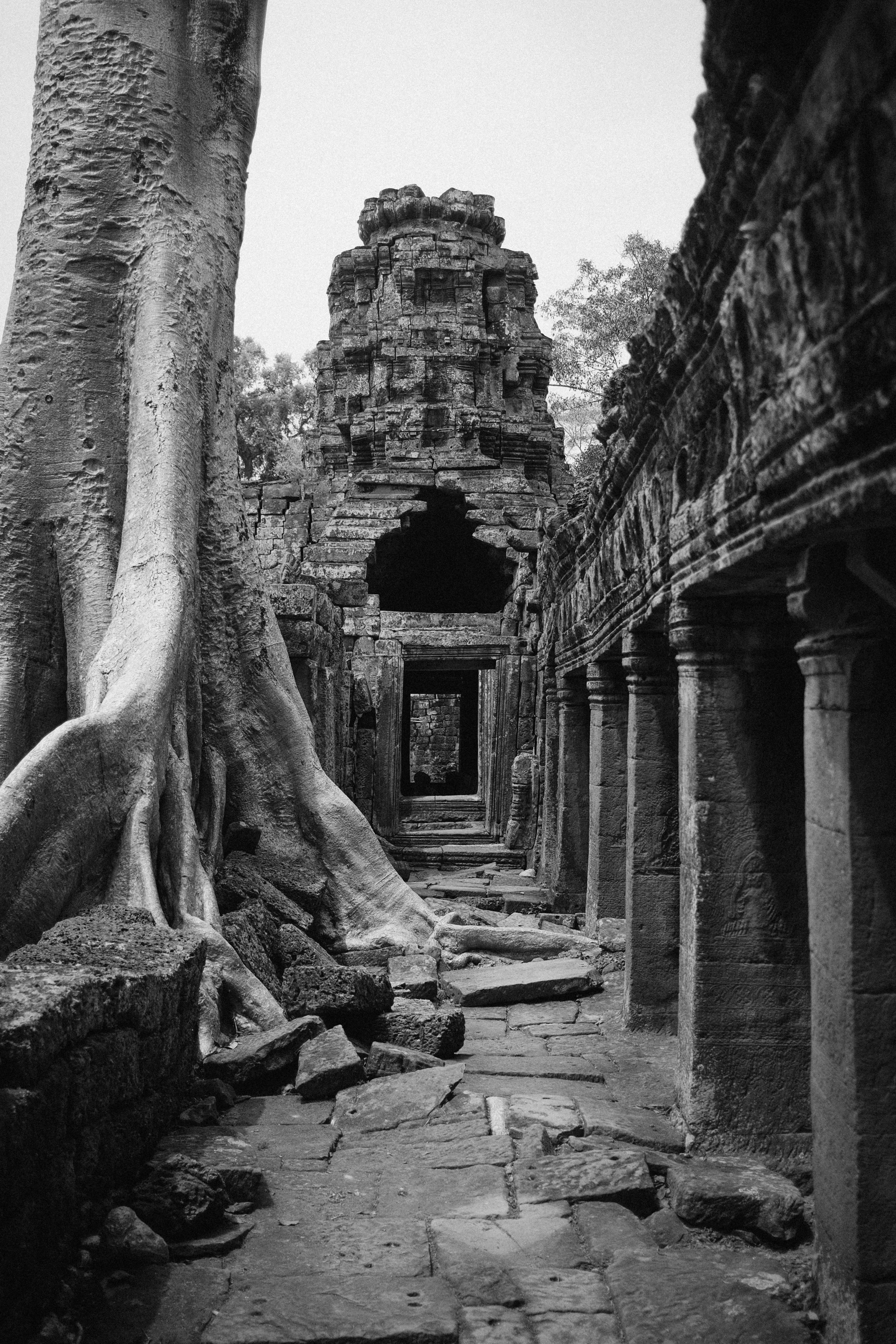 An ancient temple's corridor and entrances.