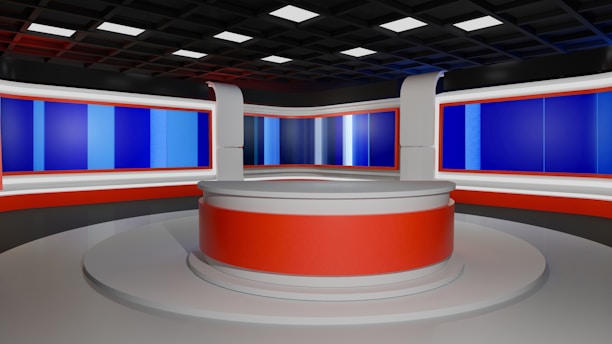 This is an empty modern news studio set.