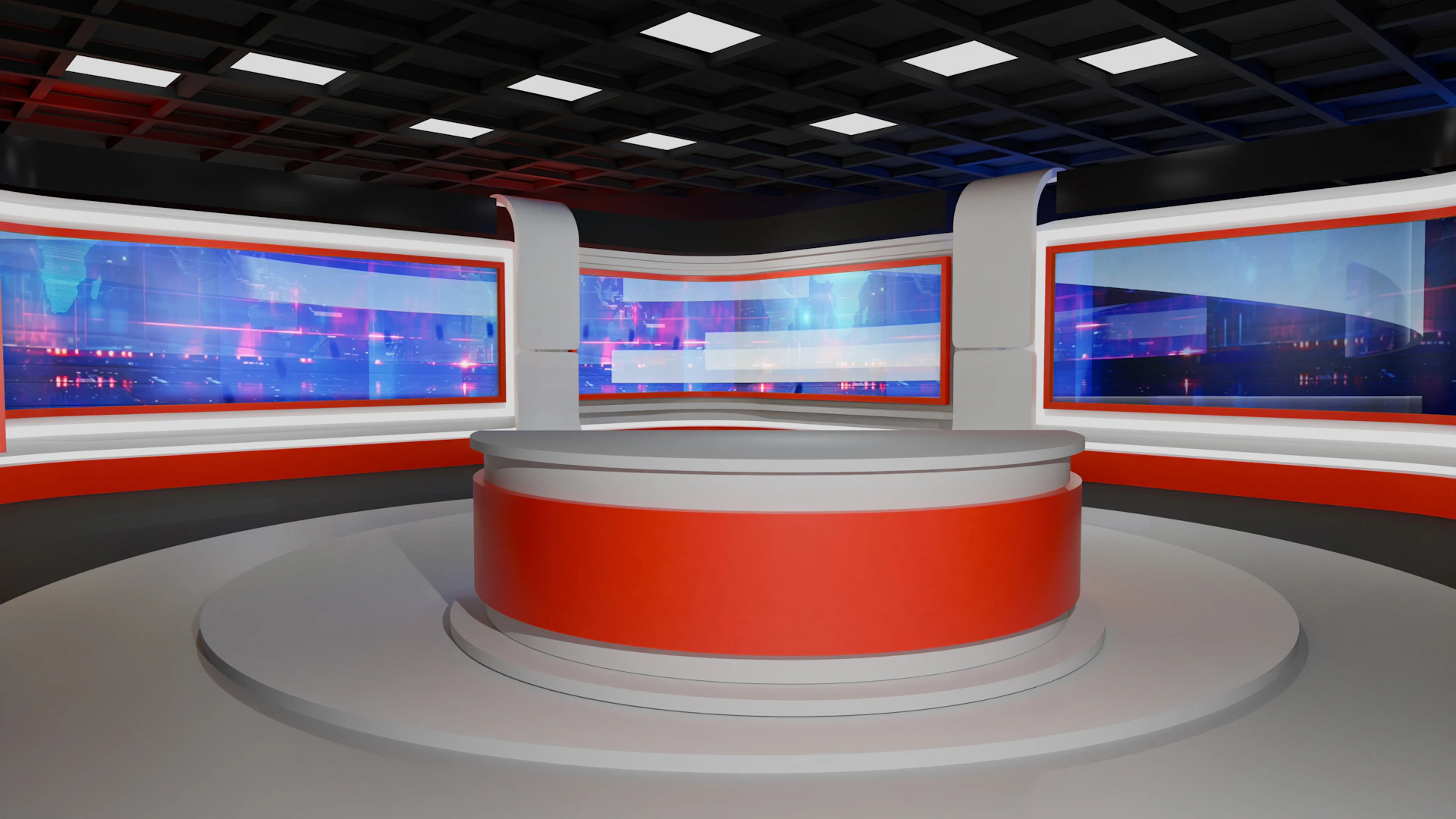 A modern news studio set is displayed.