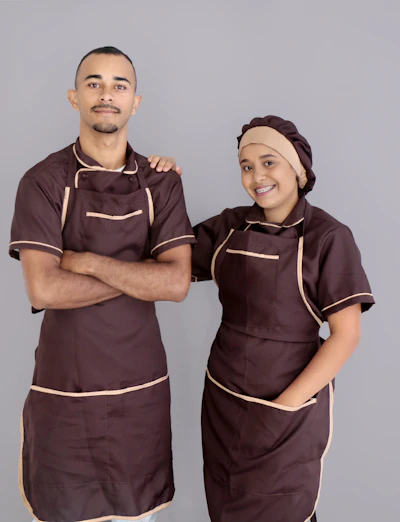 Two workers pose in matching aprons.