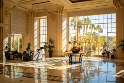 A luxurious lobby with large windows.