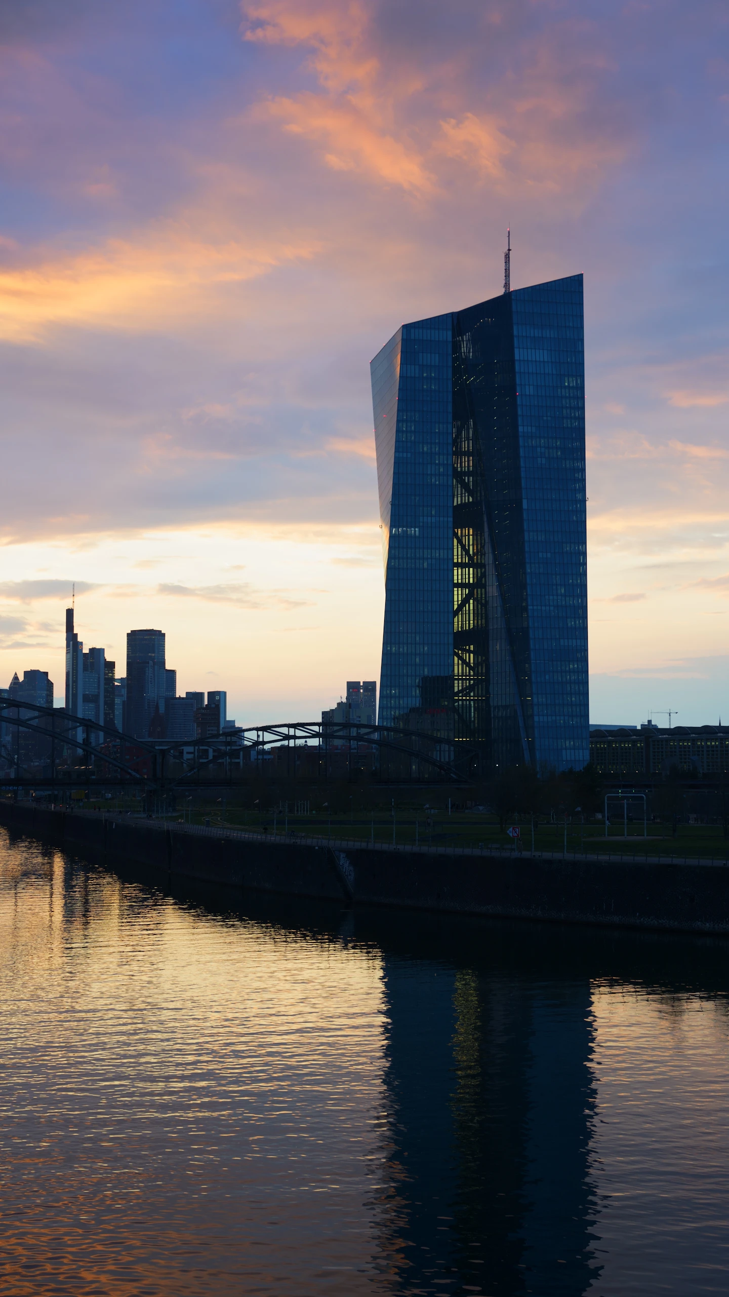 European Central Bank headquarters in Frankfurt reflected in the river