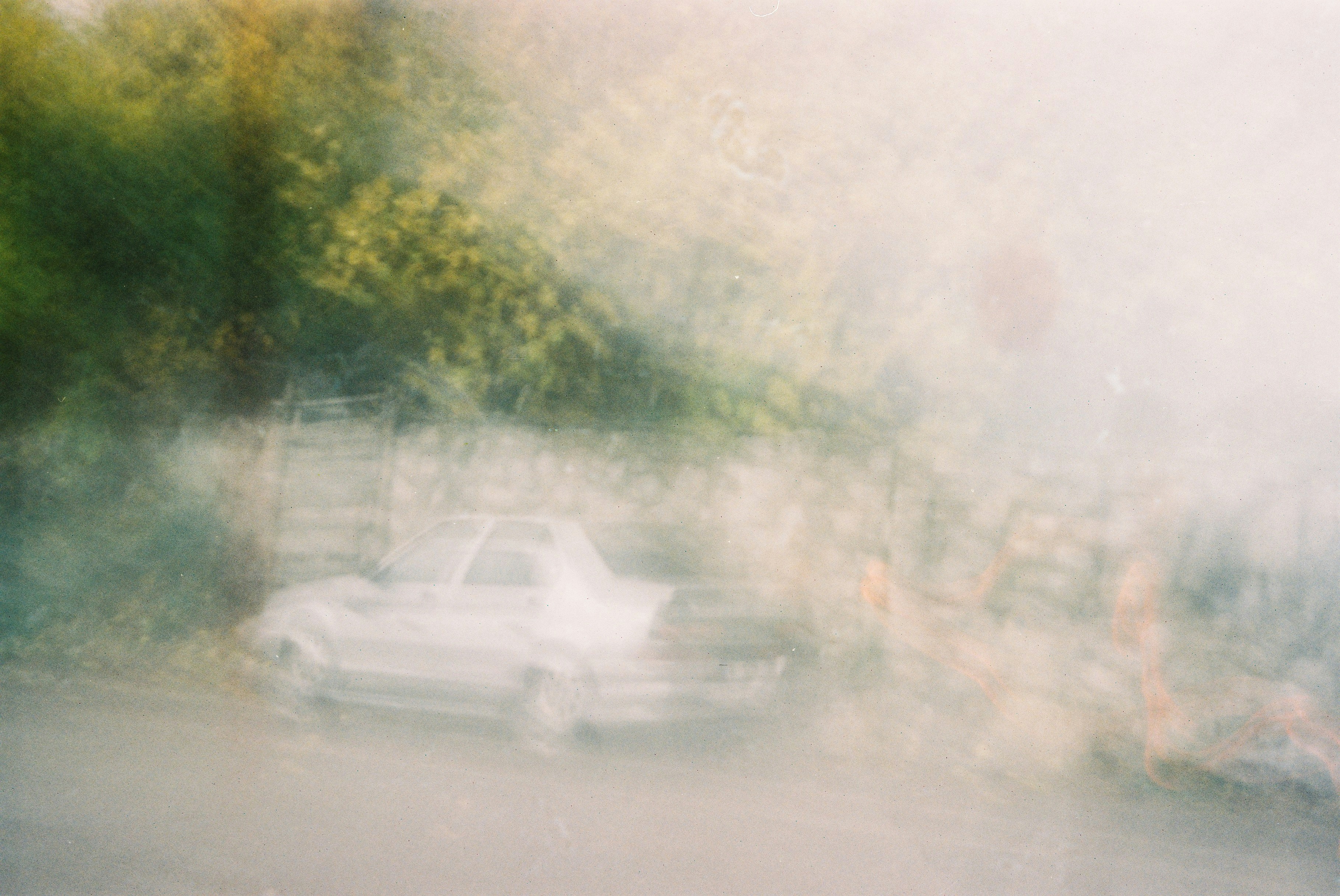 A blur of a car beside some trees.