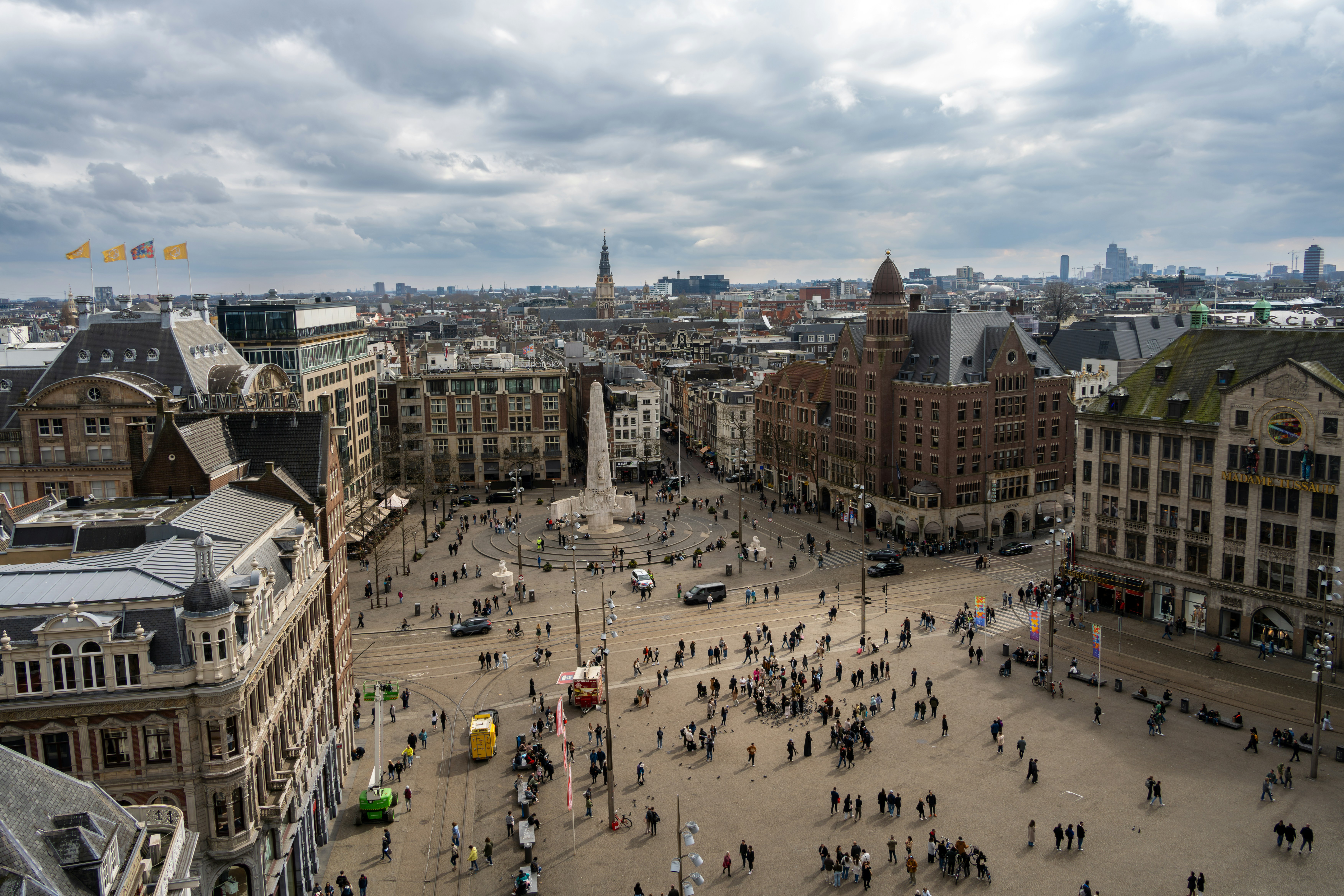 An aerial view of a crowded city square.