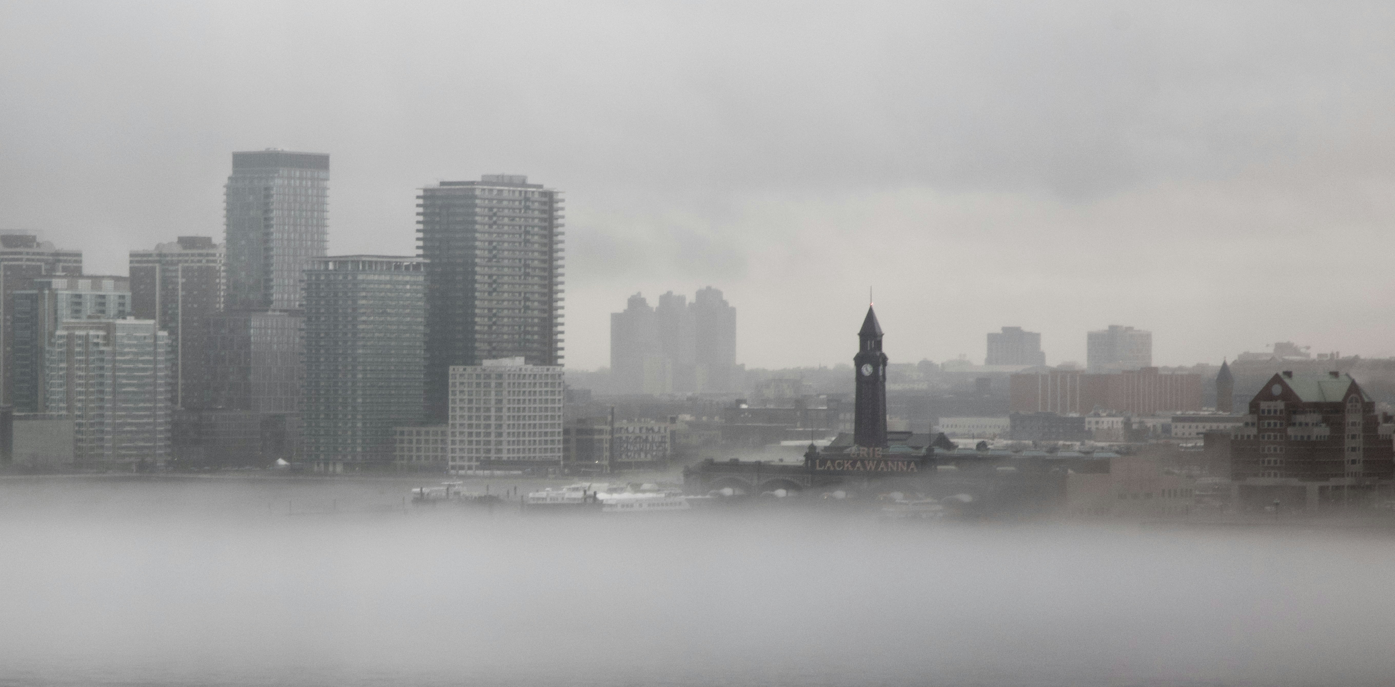 City skyline in fog.
