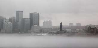 City skyline in fog.