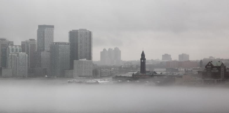City skyline in fog.