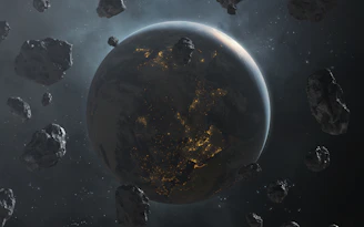 Planet earth surrounded by asteroids in space.