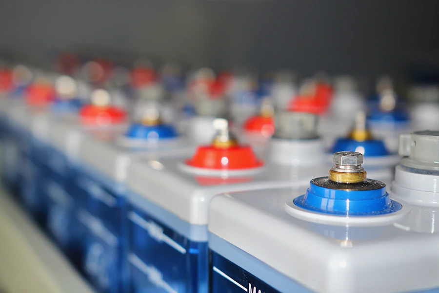 Rows of industrial battery modules with red and blue terminals, ready for grading.
