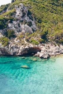 Rocky coast with turquoise water and lush greenery.