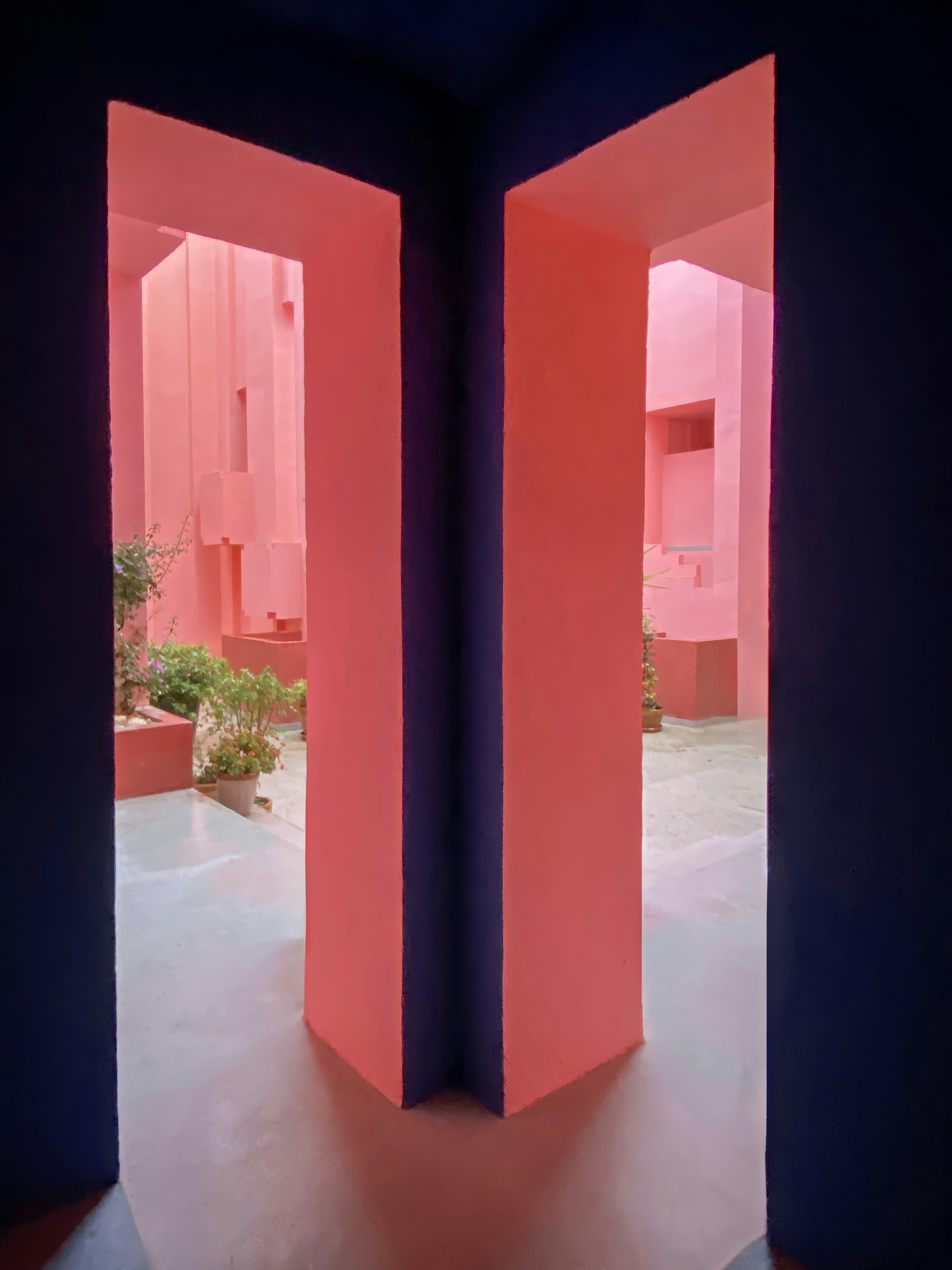 Pink architecture frames the view.