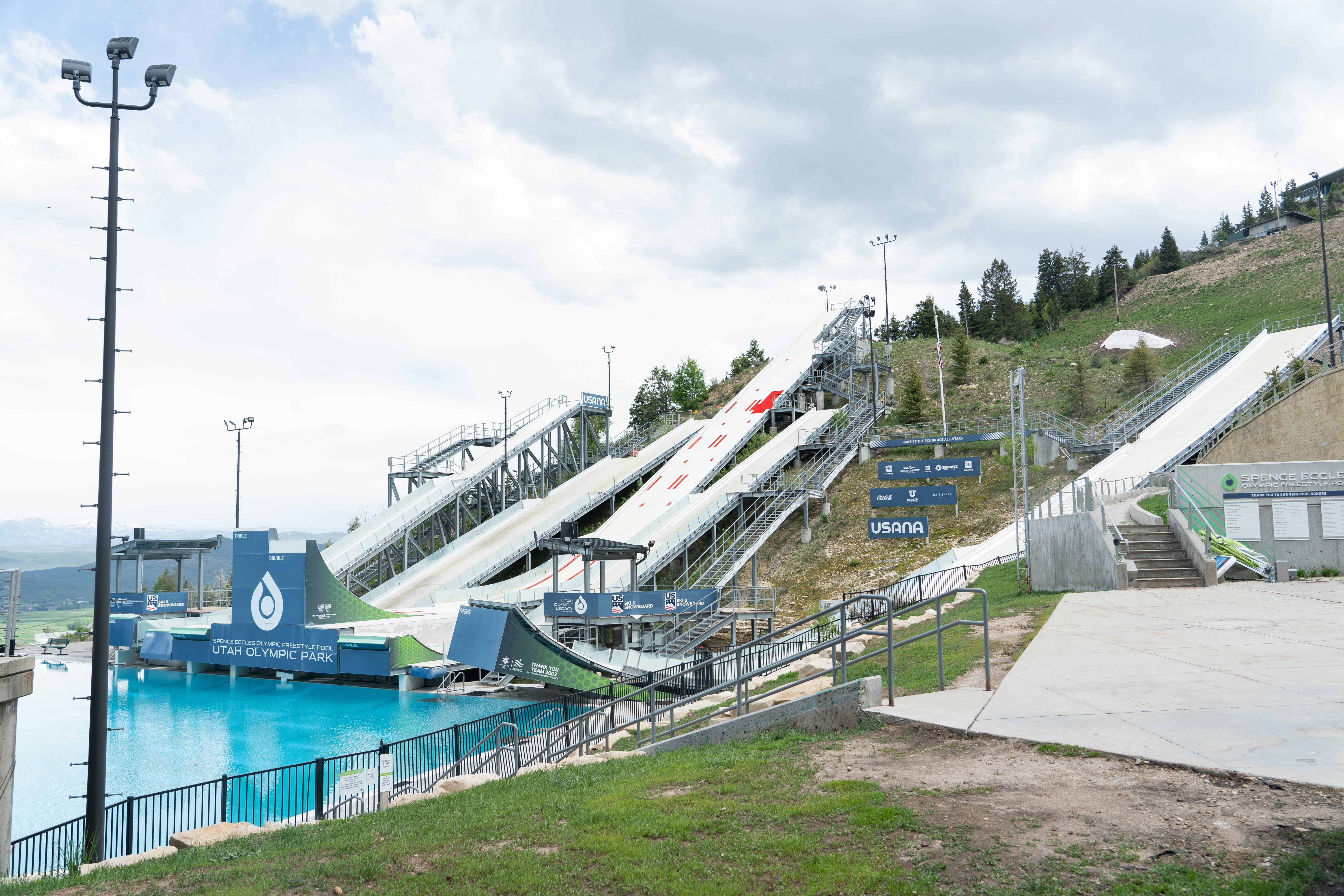 Ski jump training facility with water landing pool.