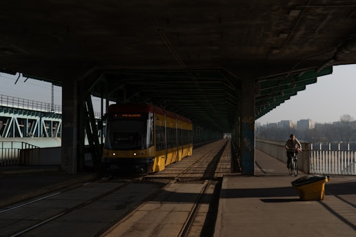 A train passes underneath a bridge.