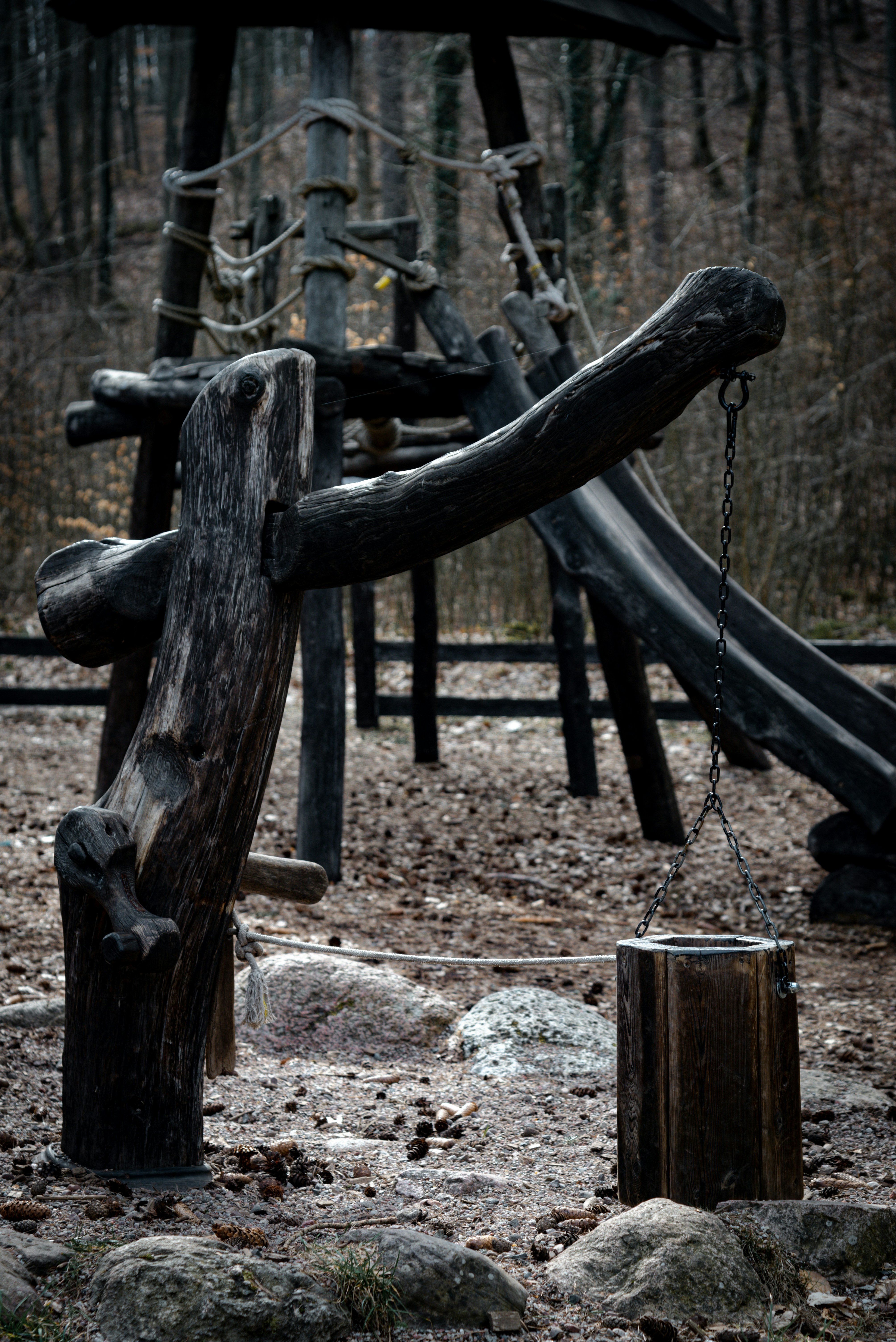 A rustic wooden playground sits in the woods.