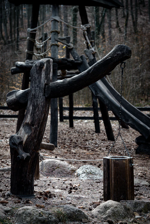 Natural timber play equipment among trees