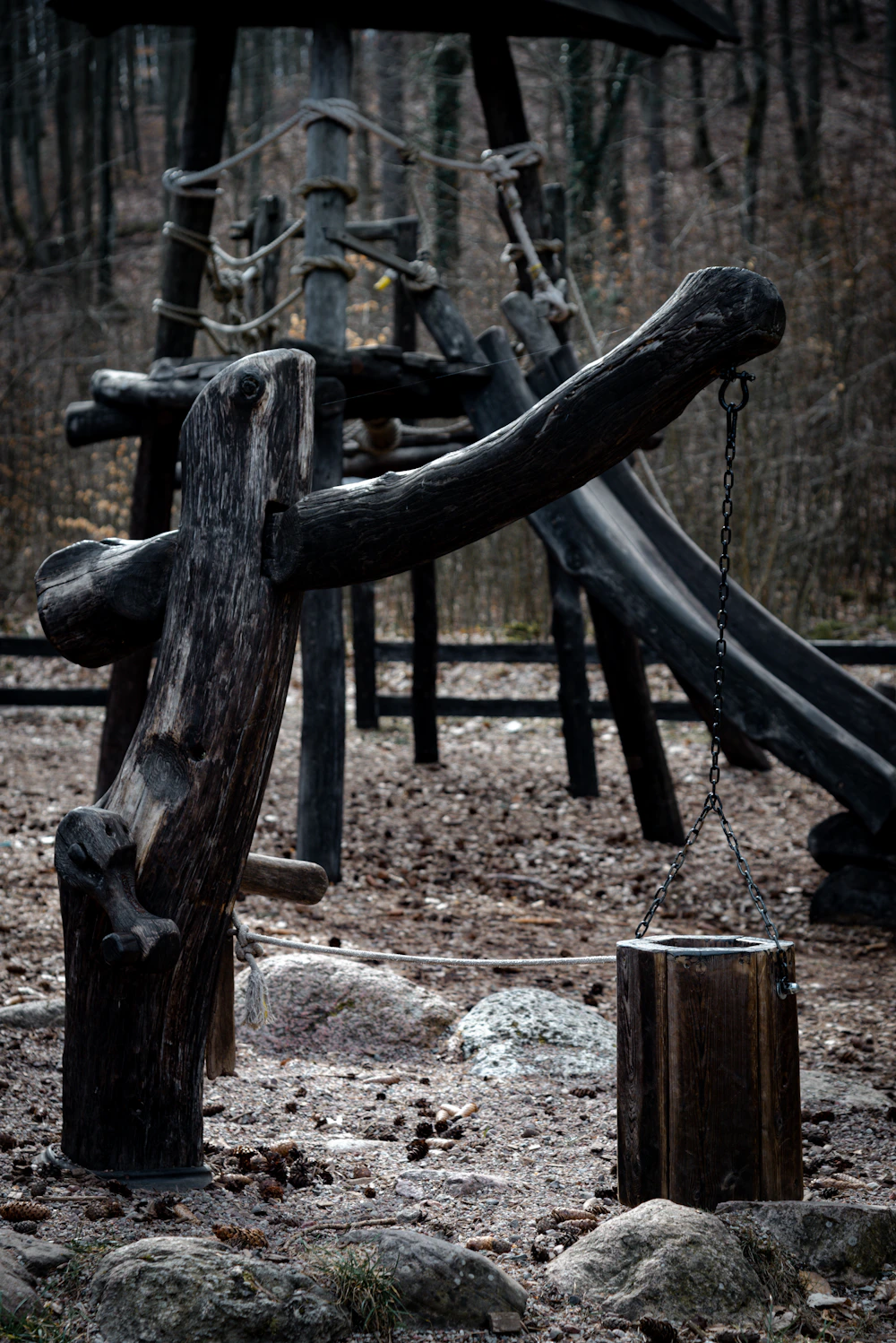 Natural wooden play equipment set among trees
