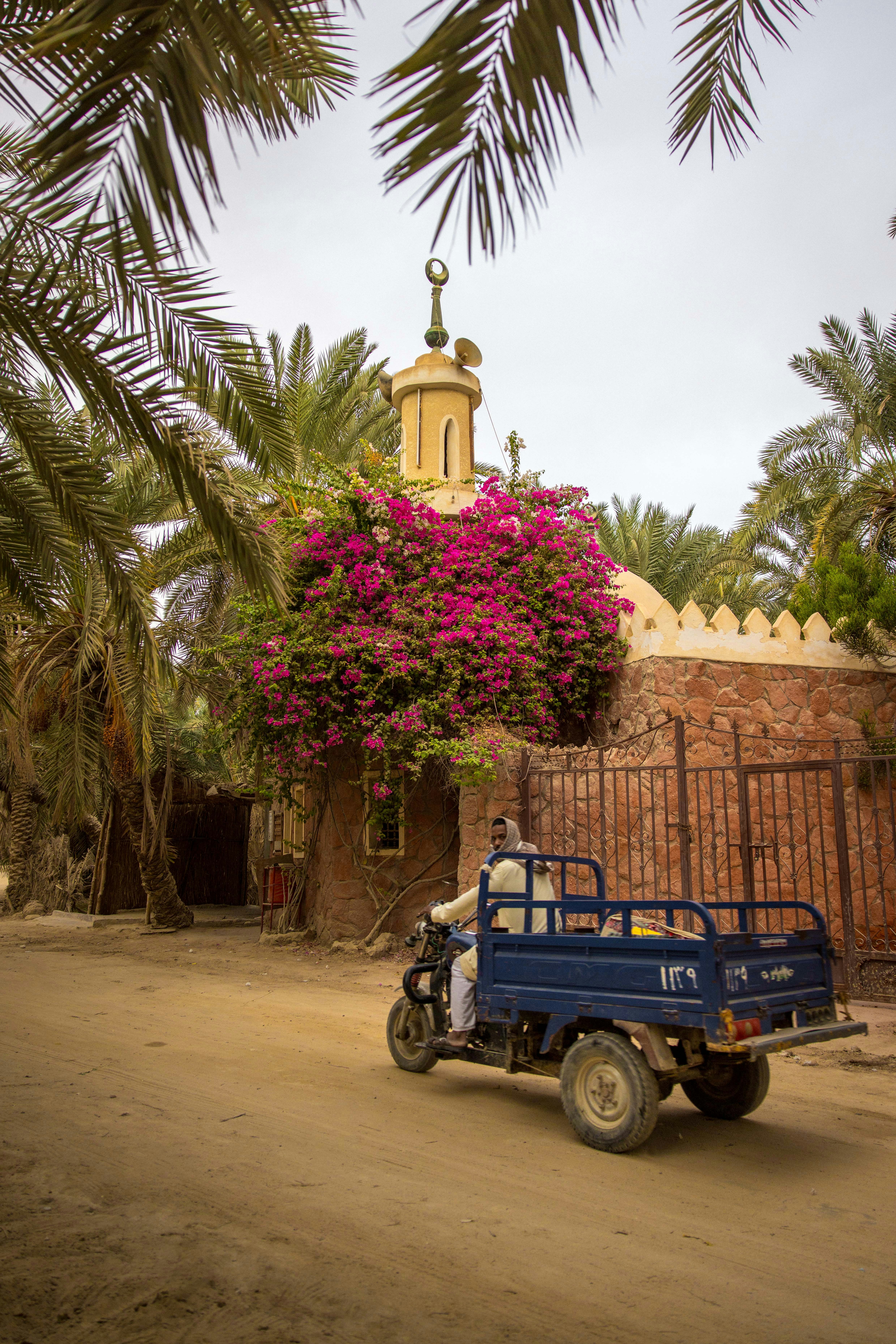 A man drives a cart past a floral building.
