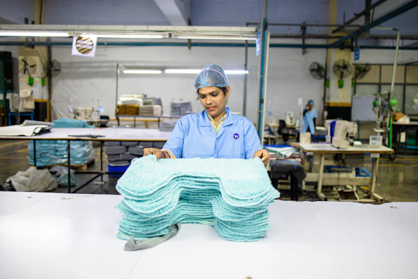 A woman works in a factory.