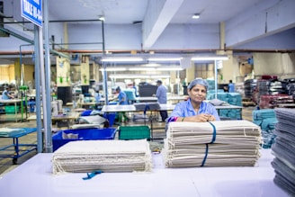 Woman works in a textile factory.