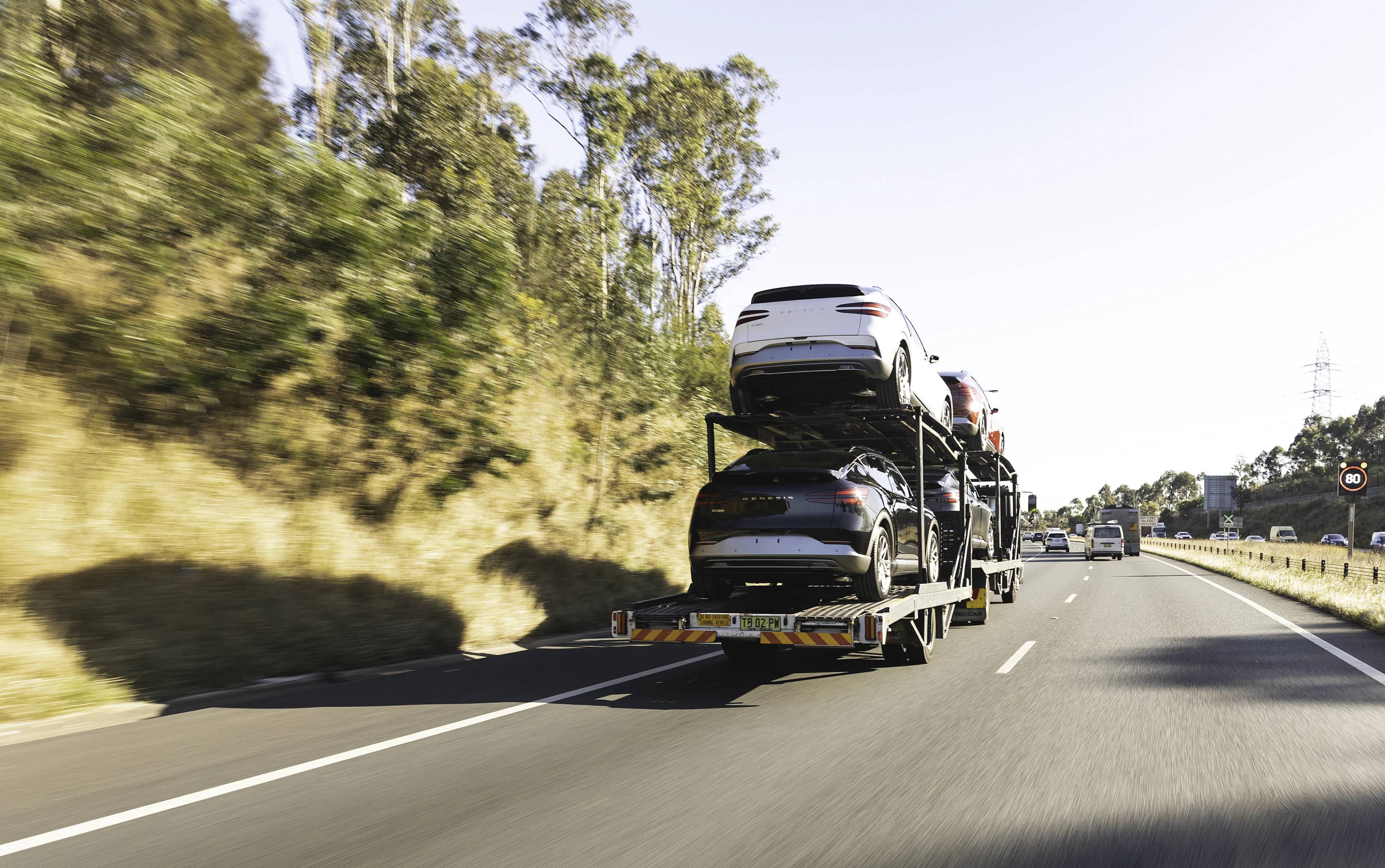 Car carrier truck loaded with cars on a highway