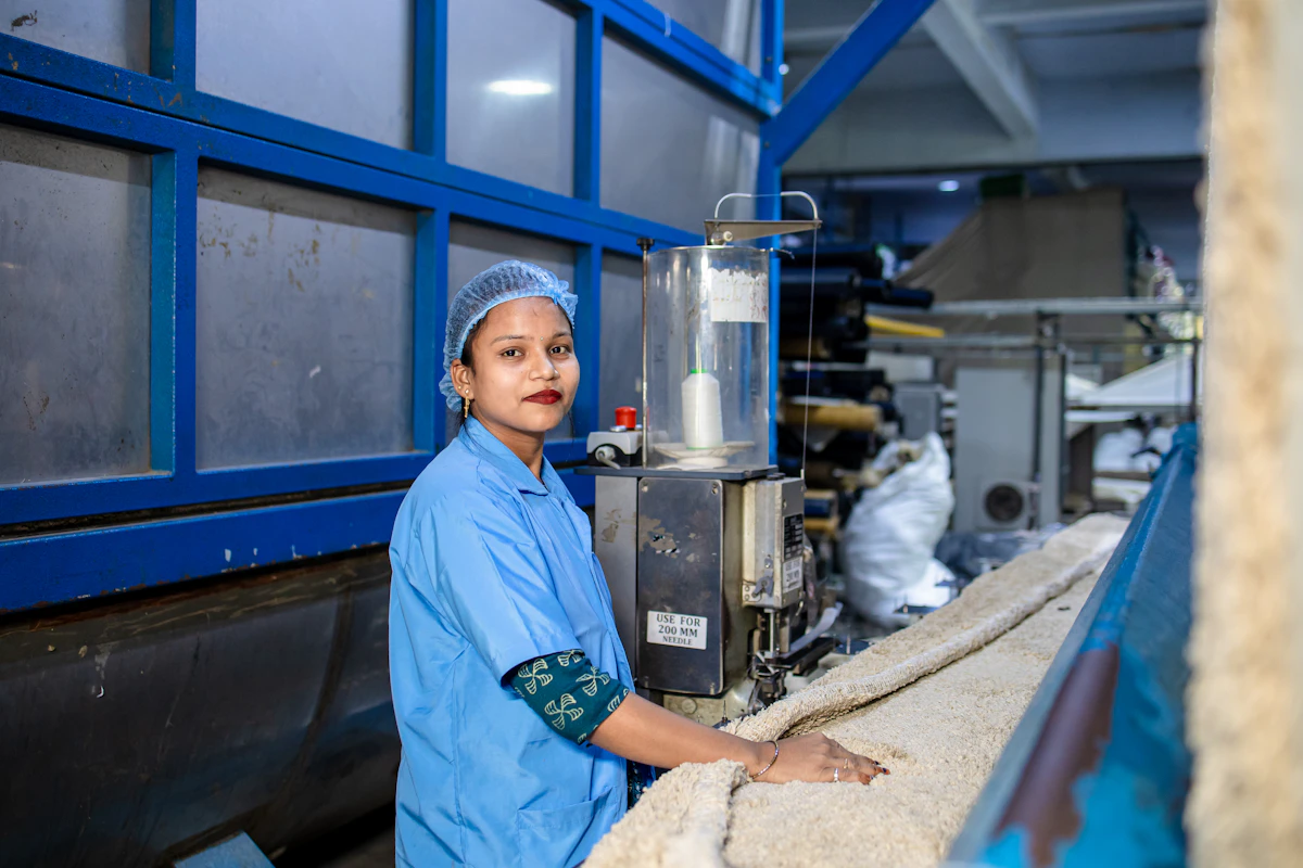 A food plant technician in hygiene gear at the controls of a production-line machine